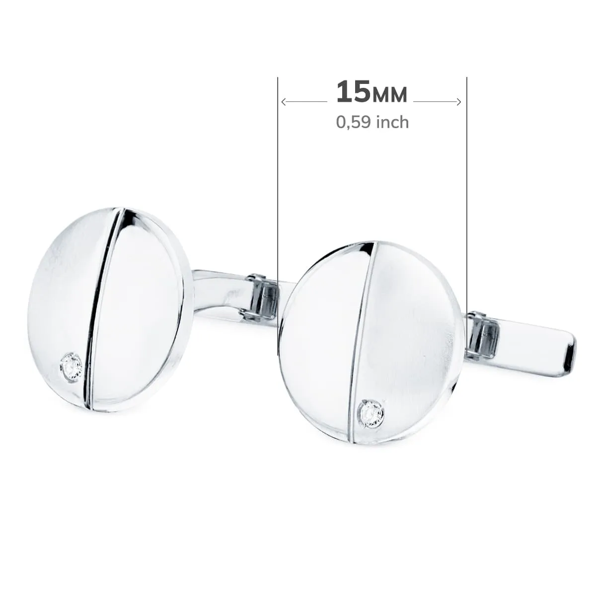18K GEMELOS ORO BLANCO REDONDOS MATE BRILLO 15 MM CIRCONITA CIERRE RIGIDO OSCILANTE — vista 3