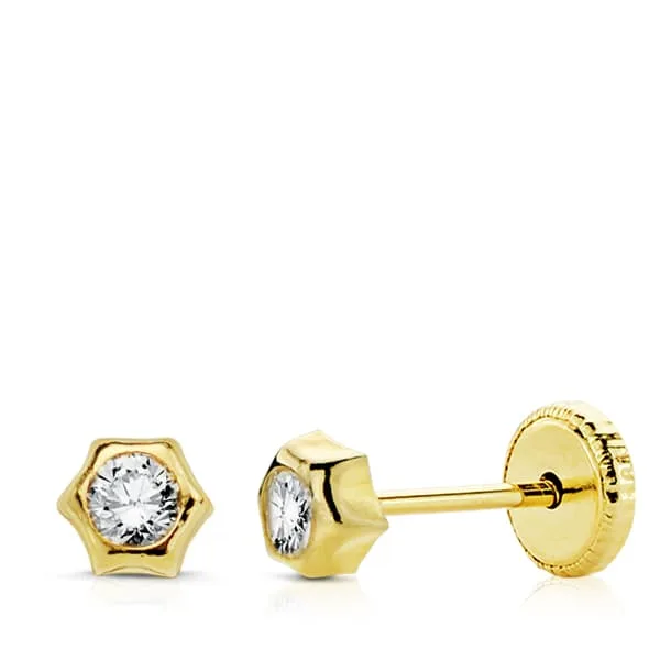 18K PENDIENTES ORO AMARILLO SOL CIRCONITA 4 MM CIERRE TUERCA