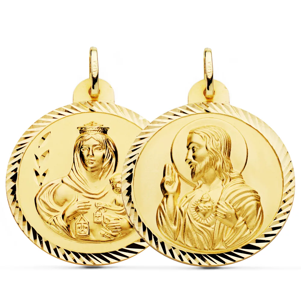 18K ESCAPULARIO ORO AMARILLO HELICE VIRGEN CARMEN Y CORAZON DE JESUS 30 MM