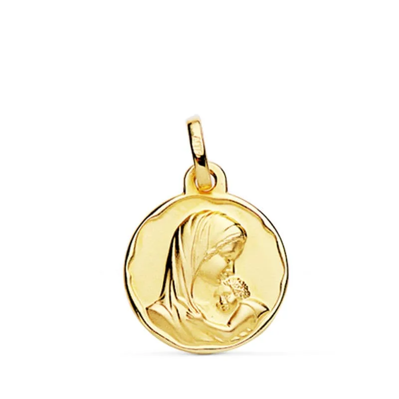 9K MEDALLA ORO AMARILLO VIRGEN MADRE CON NIÑO MATIZADA 15 MM