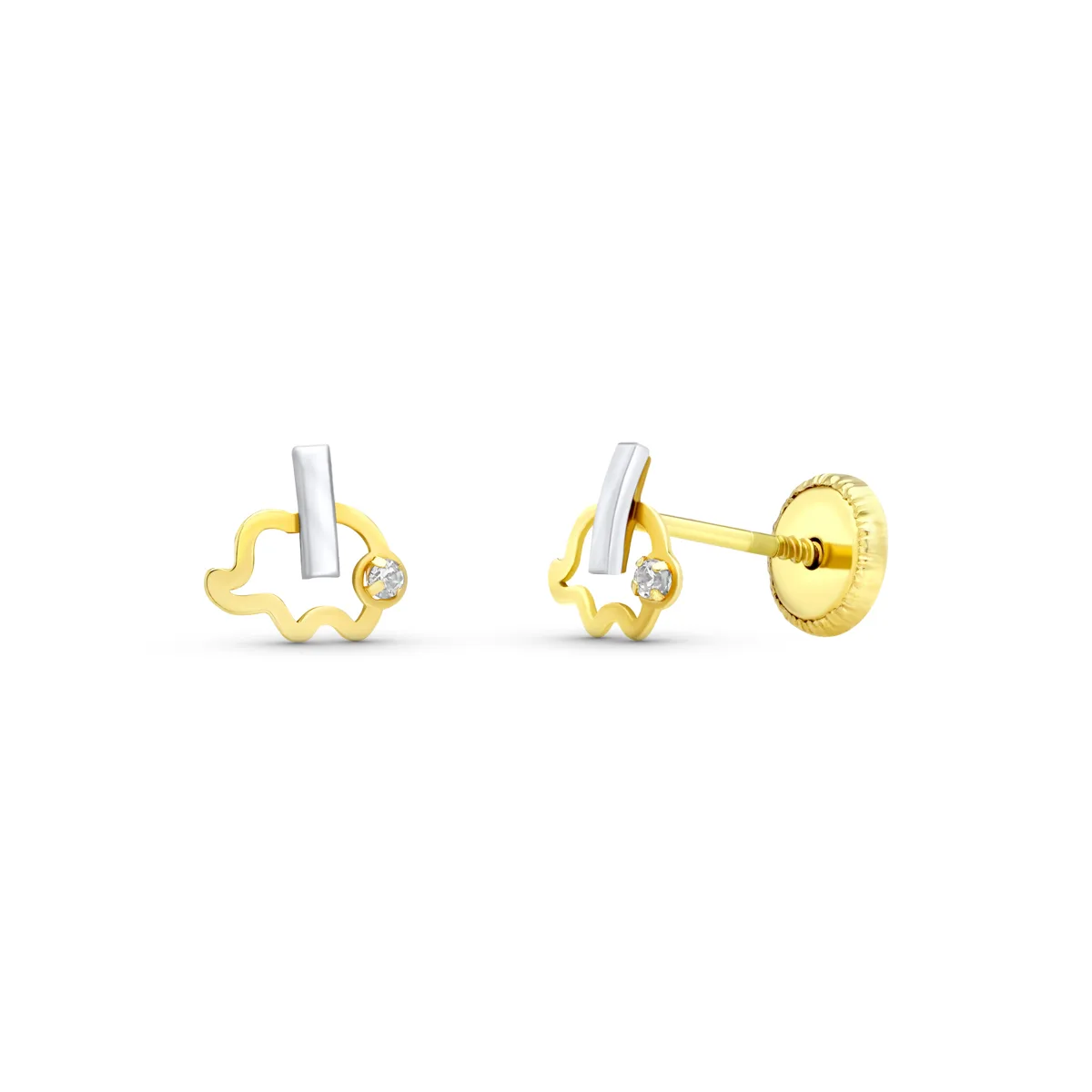 18K PENDIENTES ORO BICOLOR ELEFANTE 6X6 MM CIERRE TUERCA