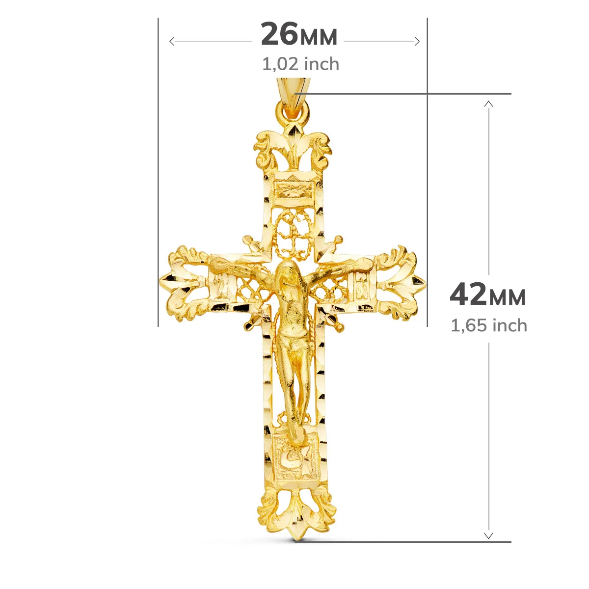 18K CRUZ ORO AMARILLO FILIGRANA CON CRISTO TALLADA 42X27 MM — vista 3