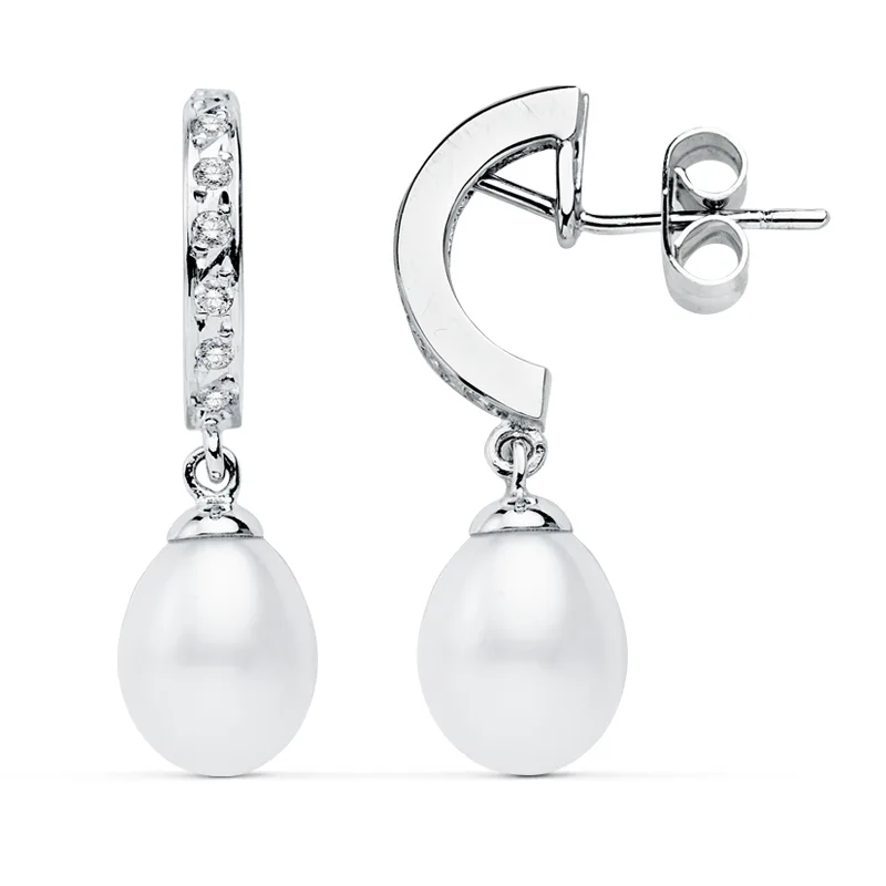9K PENDIENTES ORO BLANCO PERLA 28X8 MM CIERRE PRESION