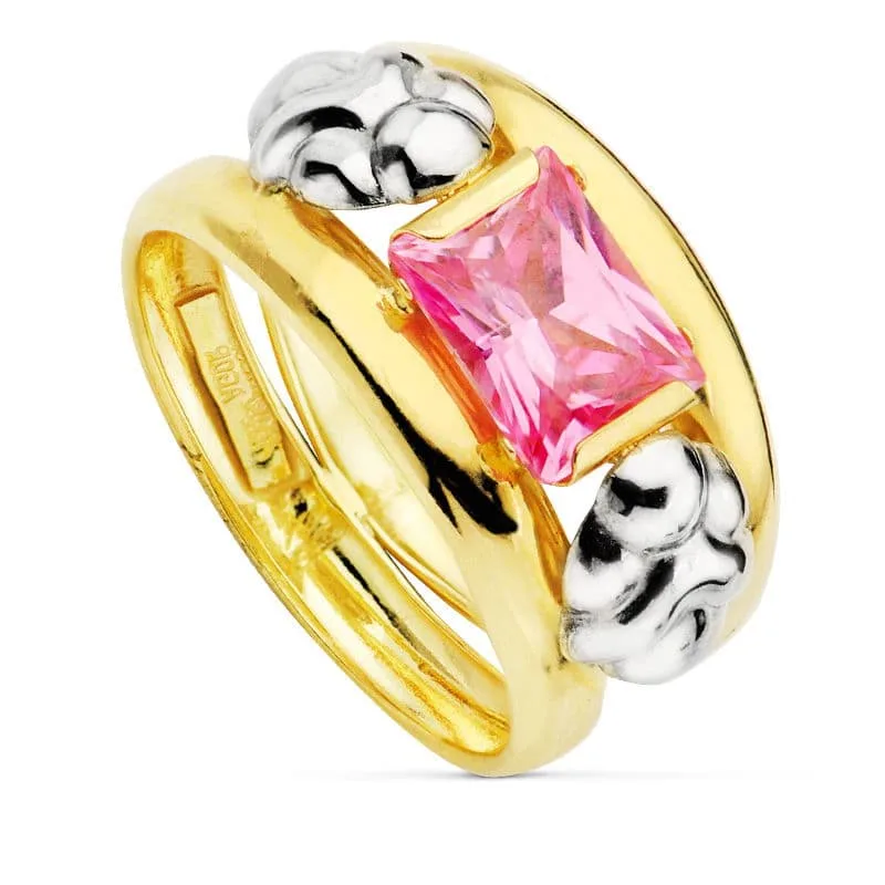 18K SORTIJA ORO BICOLOR DOBLE CUERPO MOTIVO Y CIRCONITA ROSA 8X6MM. ANCHO: 14 MM