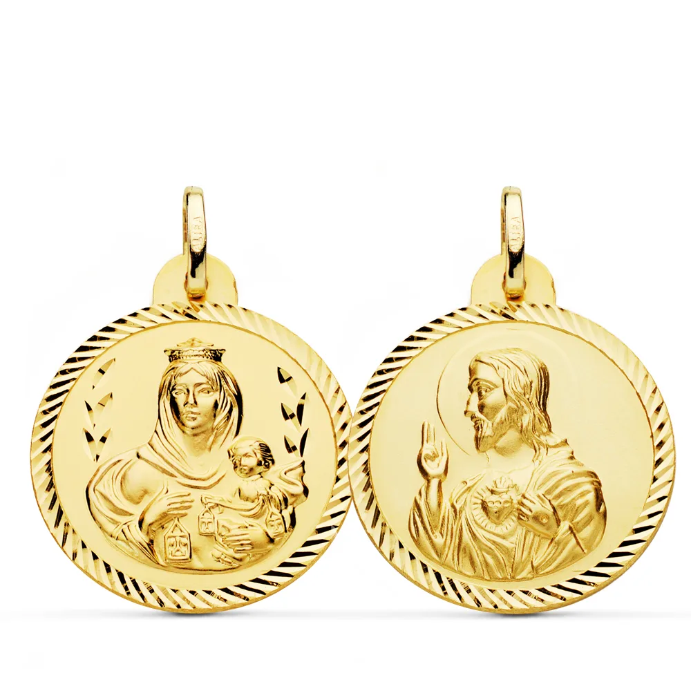 18K ESCAPULARIO ORO AMARILLO HELICE VIRGEN CARMEN Y CORAZON DE JESUS 24 MM