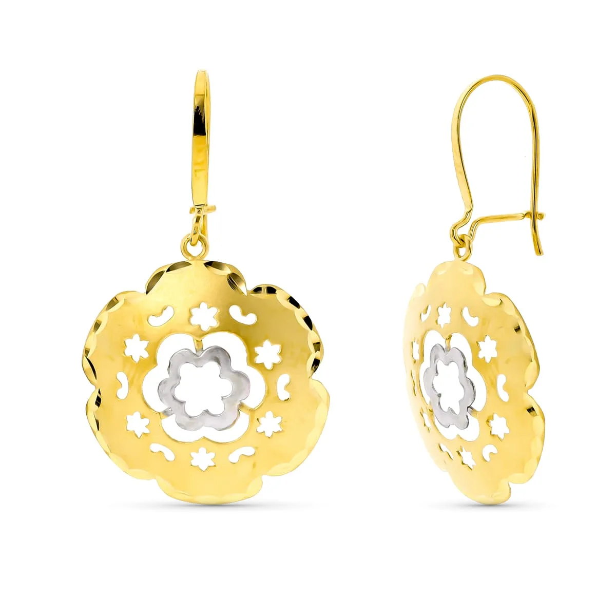 18K PENDIENTES ORO BICOLOR LARGOS FLOR. CIERRE GANCHO