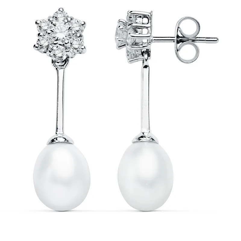 9K PENDIENTES ORO BLANCO PERLA 30X8 MM CIERRE PRESION