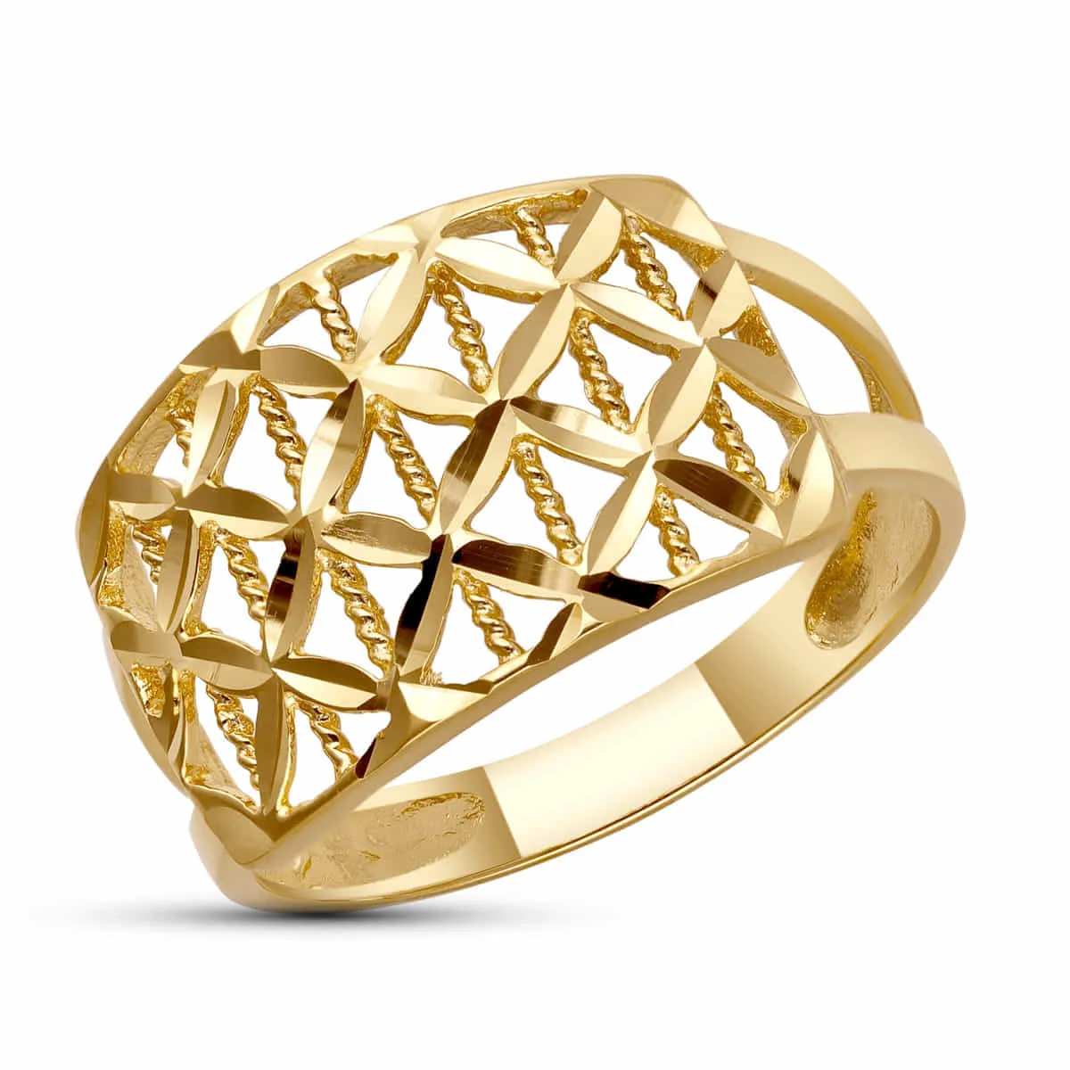 18K SORTIJA ORO AMARILLO CALADA CON HOJAS TALLADAS. ANCHO: 13 MM