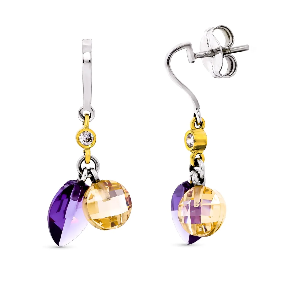 18K PENDIENTES ORO BICOLOR PIEDRAS AMATISTA Y KUNCITA CIERRE PRESION