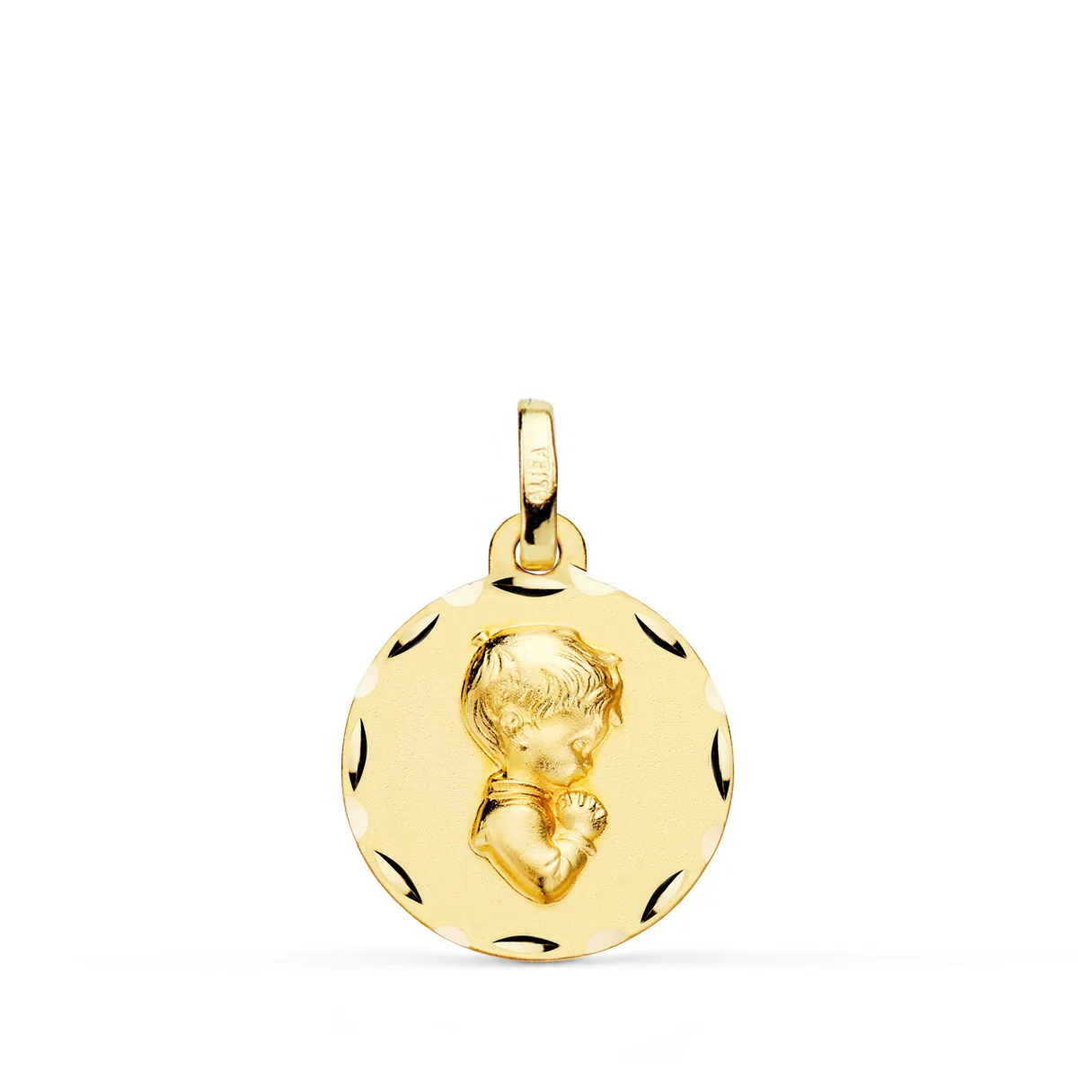 9K MEDALLA ORO AMARILLO NIÑO DE COMUNION PERFIL TALLADA 16 MM