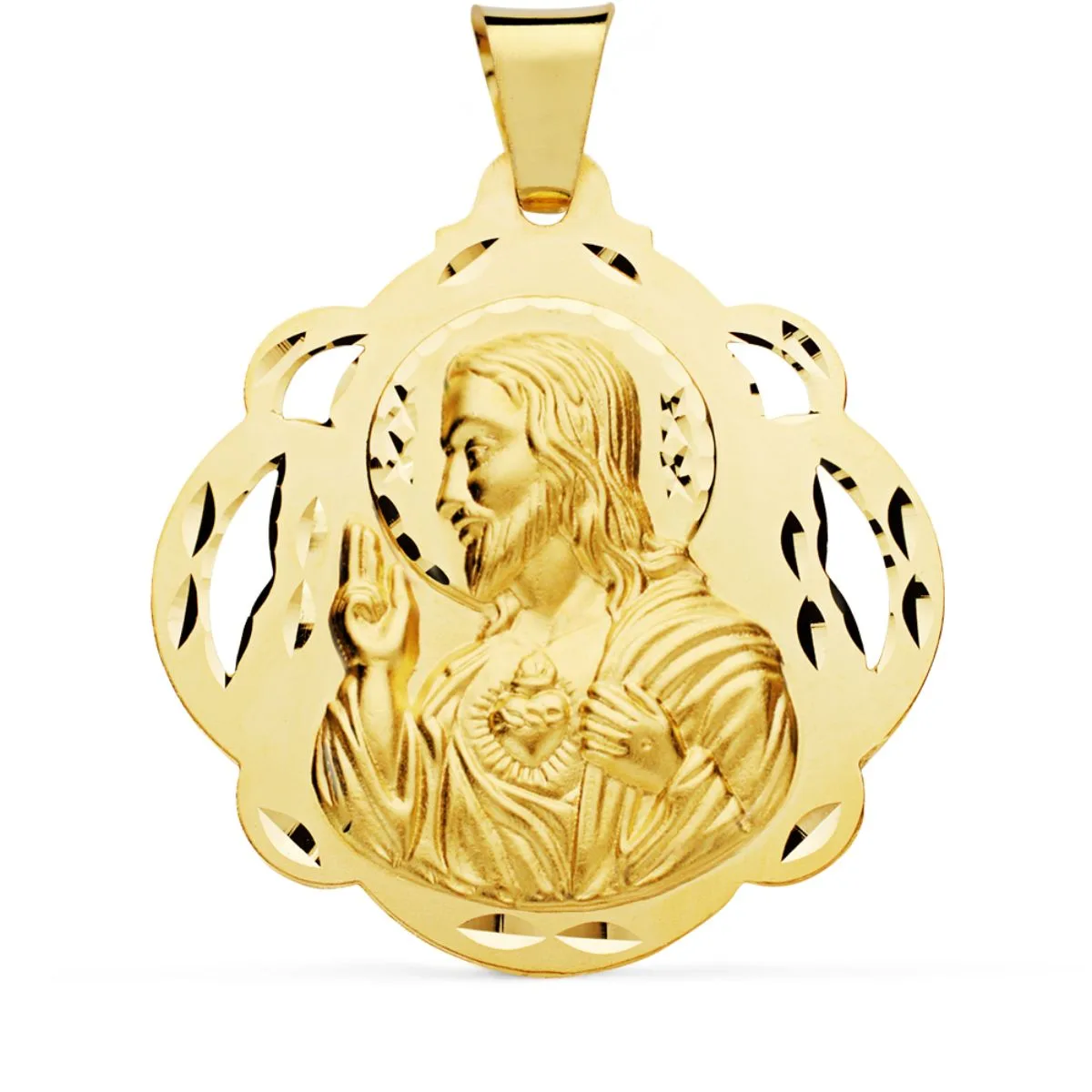 18K MEDALLA ORO AMARILLO CRISTO  SAGRADO CORAZON DE JESUS PANDERETA CALADA 42 MM