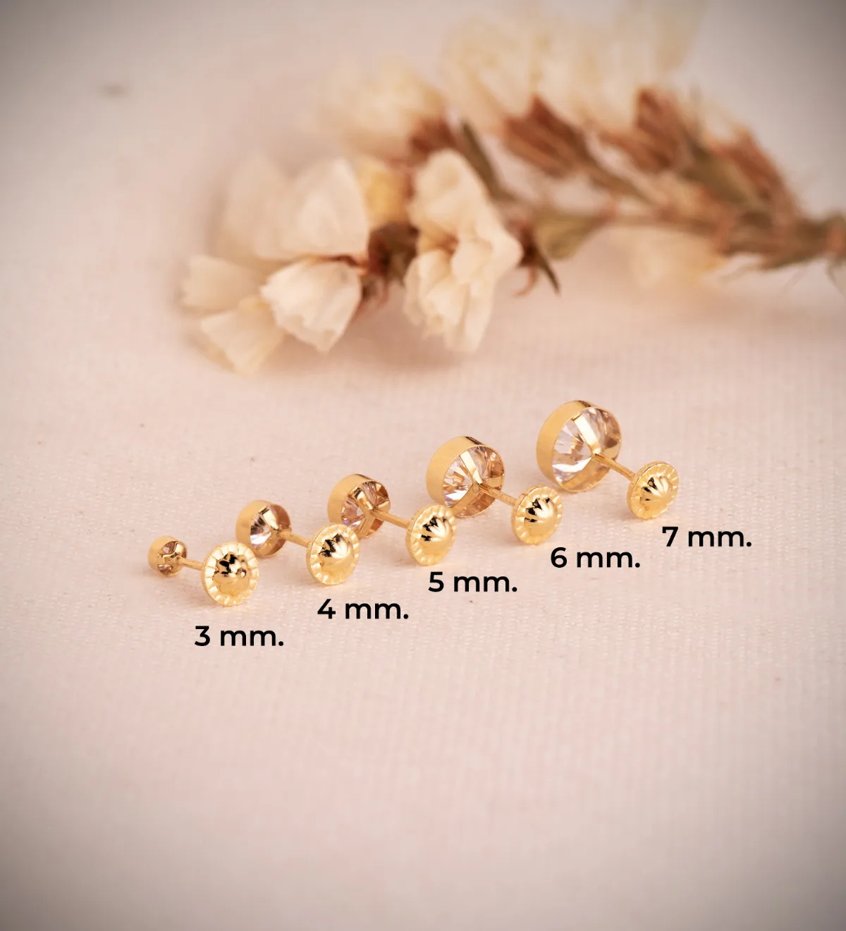 18K PENDIENTES ORO AMARILLO CHATON CIRCONITA REDONDOS 5 MM TUERCA — vista 3