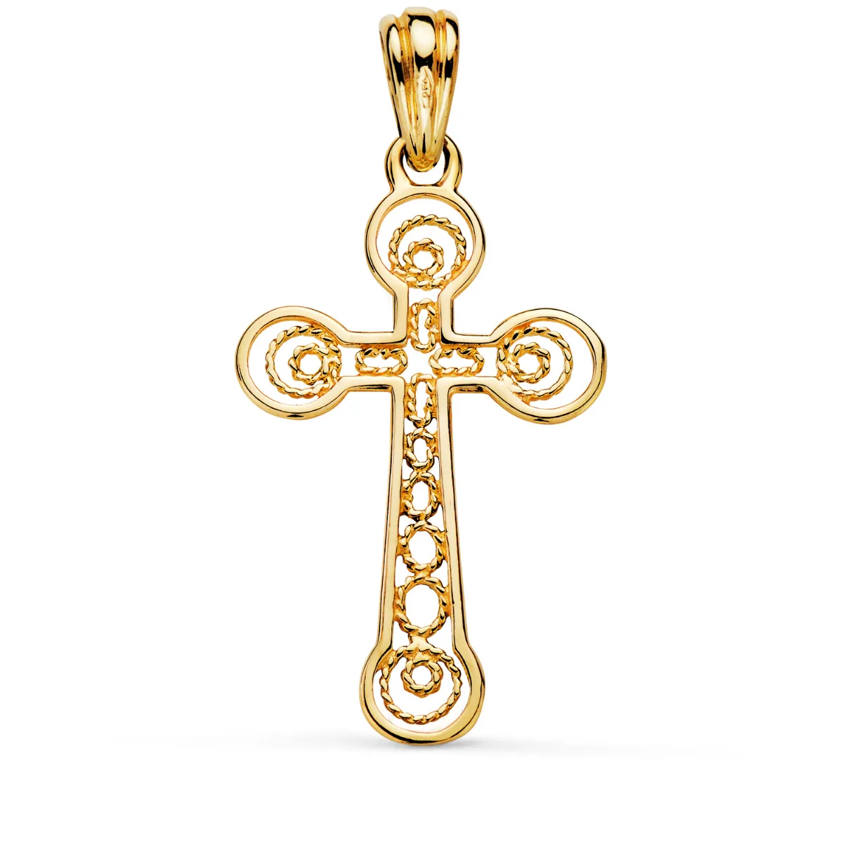 18K CRUZ ORO AMARILLO BORDE BRILLO Y FILIGRANA. MEDIDA: 37,5 X 22 MM