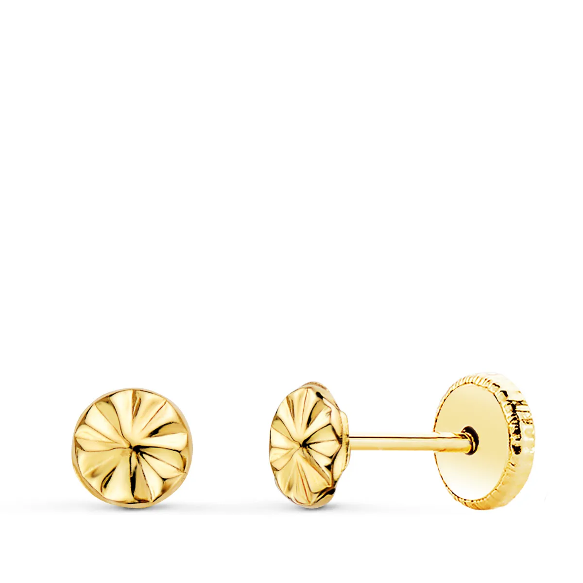 18K PENDIENTES ORO AMARILLO REDONDOS TALLADOS 4.5 MM CIERRE TUERCA