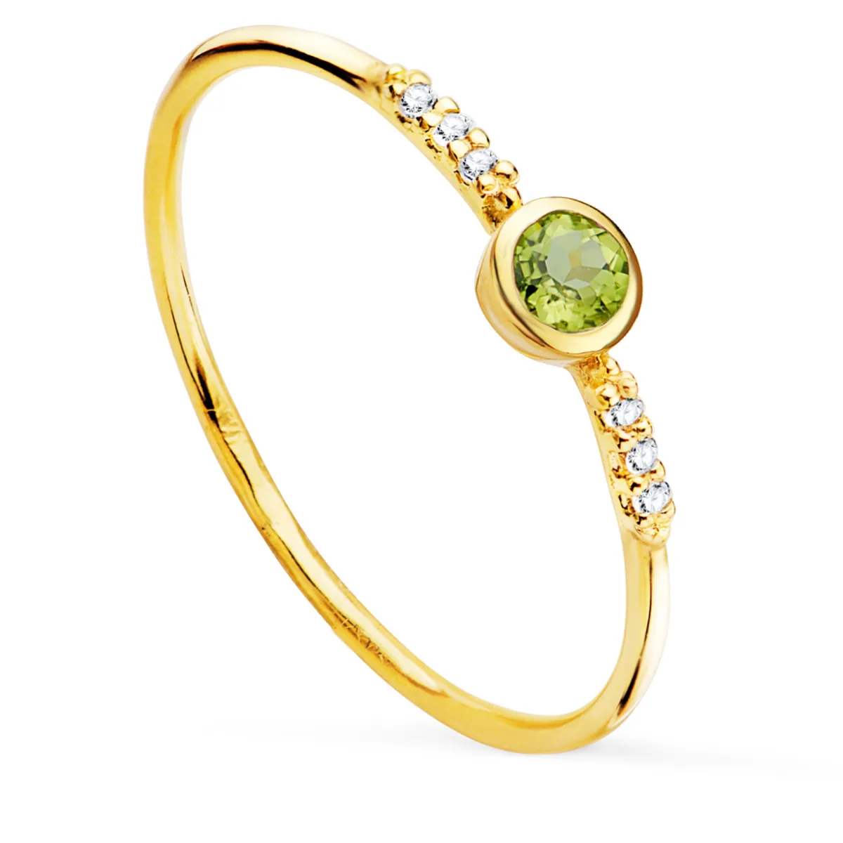 18K SORTIJA ORO AMARILLO 6 DIAMANTES 0.030  QTS. G-VS2. OLIVINA 3 MM