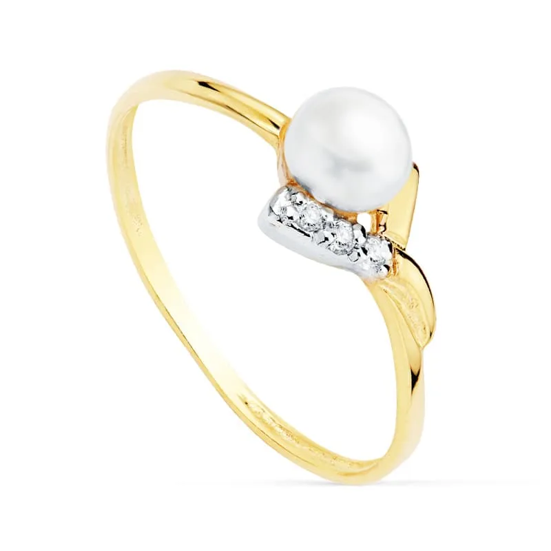 18K SORTIJA ORO BICOLOR CON PERLA 4,5 MM Y CIRCONITAS. ANCHO: 7 MM