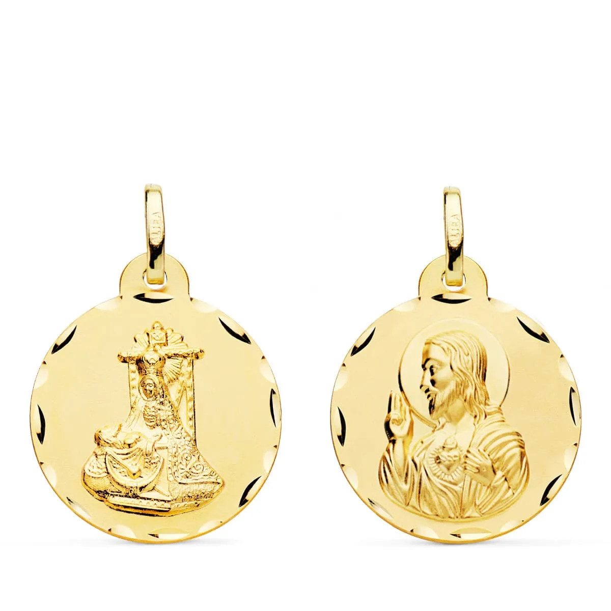 18K MEDALLA ORO AMARILLO ESCAPULARIO ORO AMARILLO VIRGEN DE LAS ANGUSTIAS Y CORAZON DE JESUS TALLADA 20 MM