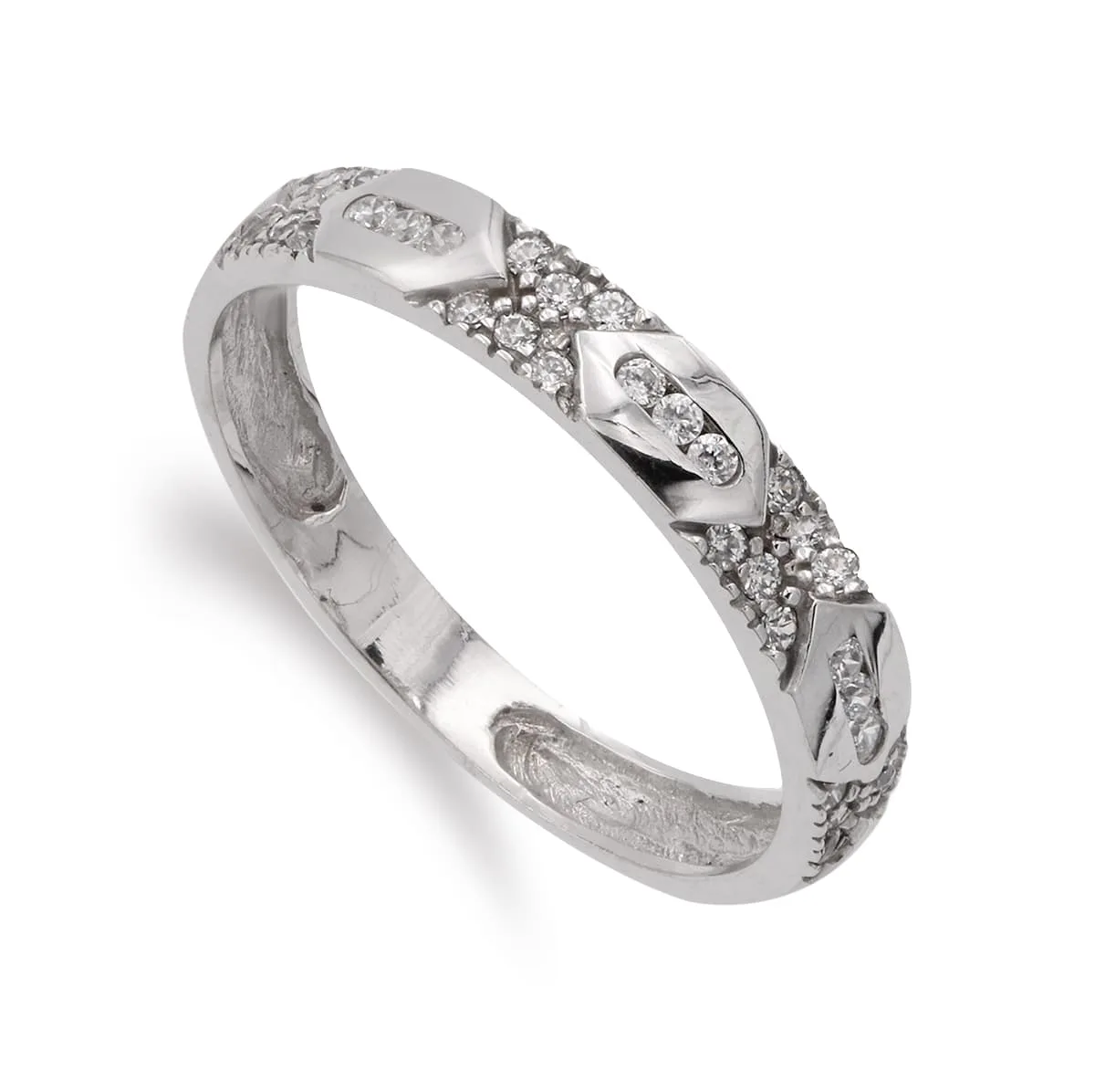 18K SORTIJA ORO BLANCO CON CIRCONITA Y DETALLES EN BRILLO. ANCHO 3.5 MM