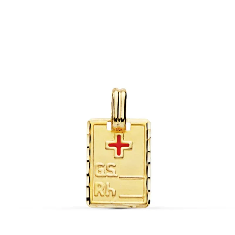 18K PLACA CHAPA COLGANTE ORO AMARILLO GRUPO SANGUINEO  RH PEQUEÑA 16X11 MM