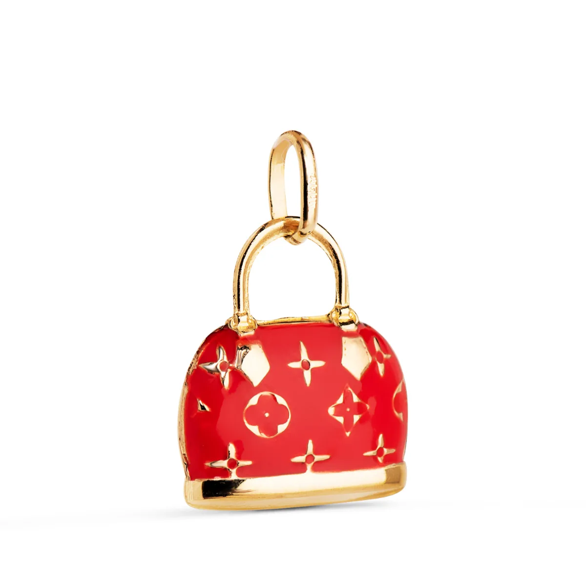 18K COLGANTE CHARM ORO AMARILLO BOLSO CON ESMALTE ROJO. MEDIDA: 15 X 12,5 MM