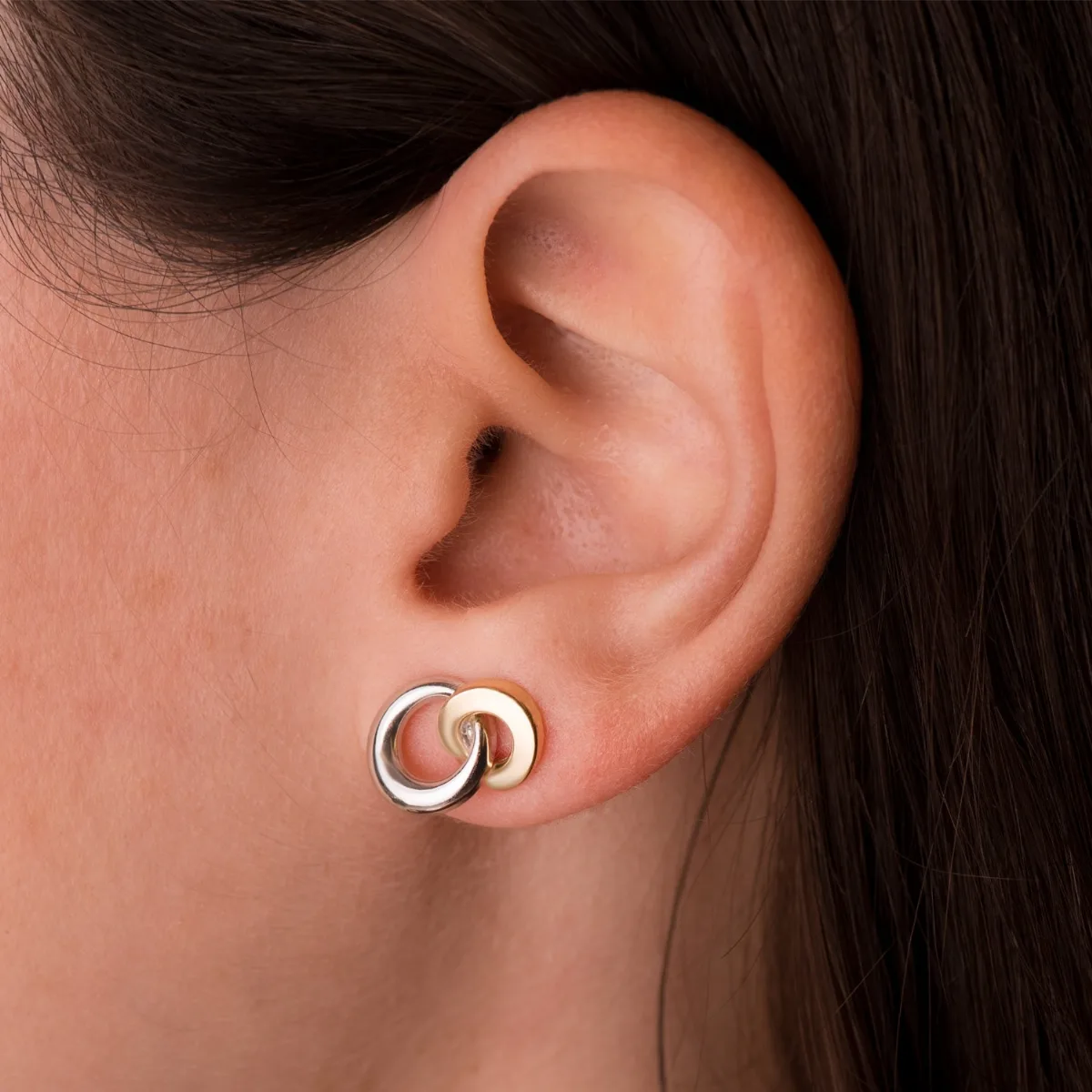 18K PENDIENTES ORO BICOLOR DOBLE ARO BRILLO 13 X 10 MM. CIERRE PRESION — vista 3