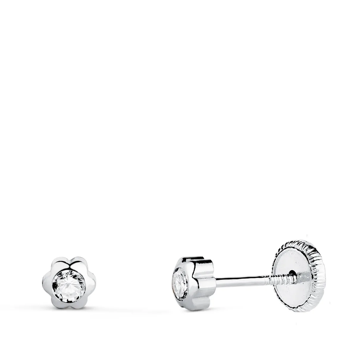 18K PENDIENTES ORO BLANCO CHATON MARGARITA CON CIRCONITA. MEDIDA: 4 X 4 MM. CIERRE TUERCA
