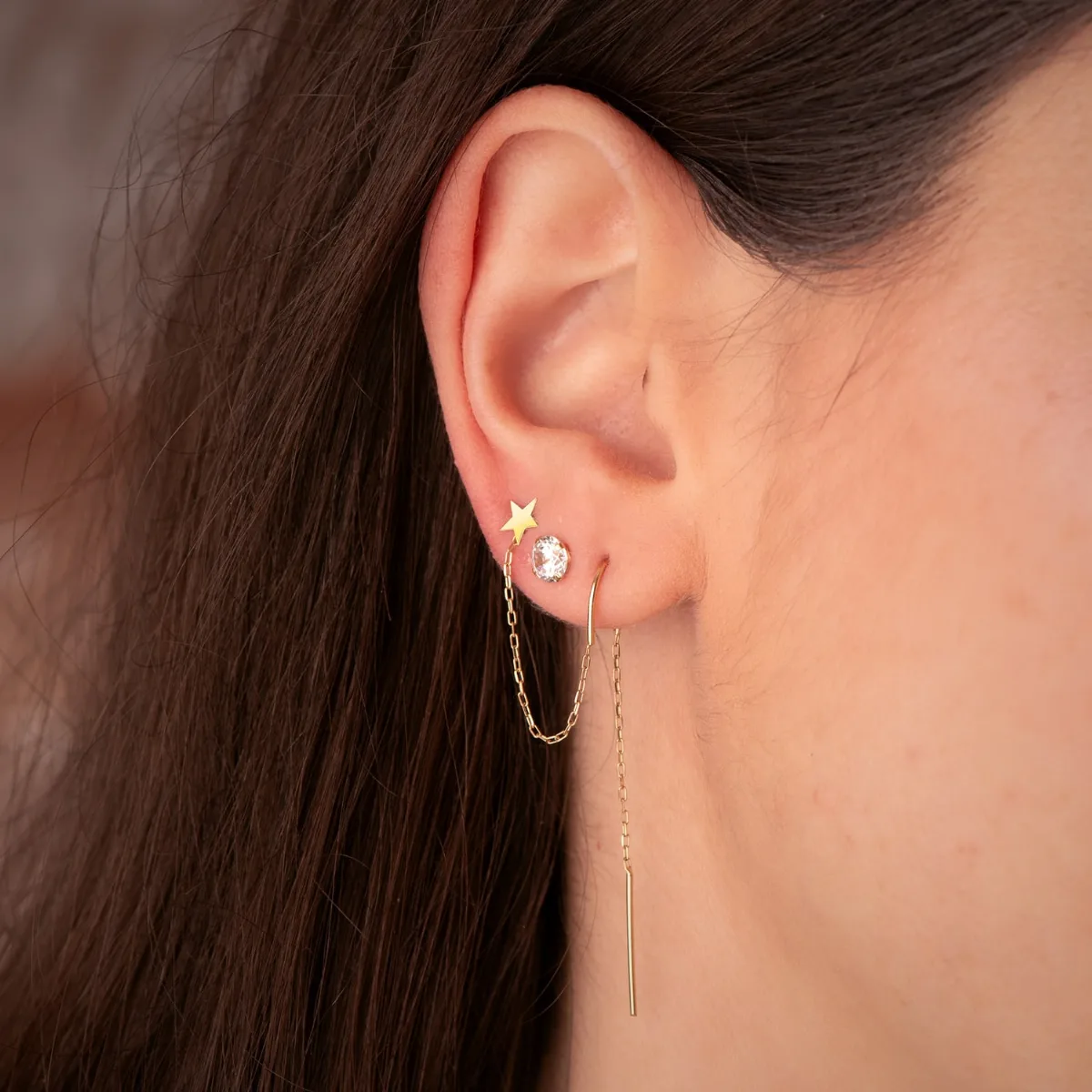 18K PIERCING ORO AMARILLO CADENA Y ESTRELLA PARA 2 AGUJEROS. LARGO: 85 MM (UNIDAD) — vista 2