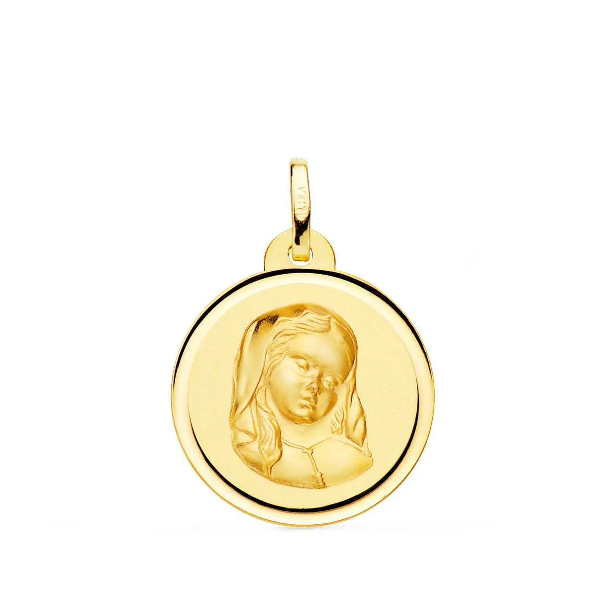 18K MEDALLA ORO AMARILLO VIRGEN NIÑA REZANDO BISEL 20 MM