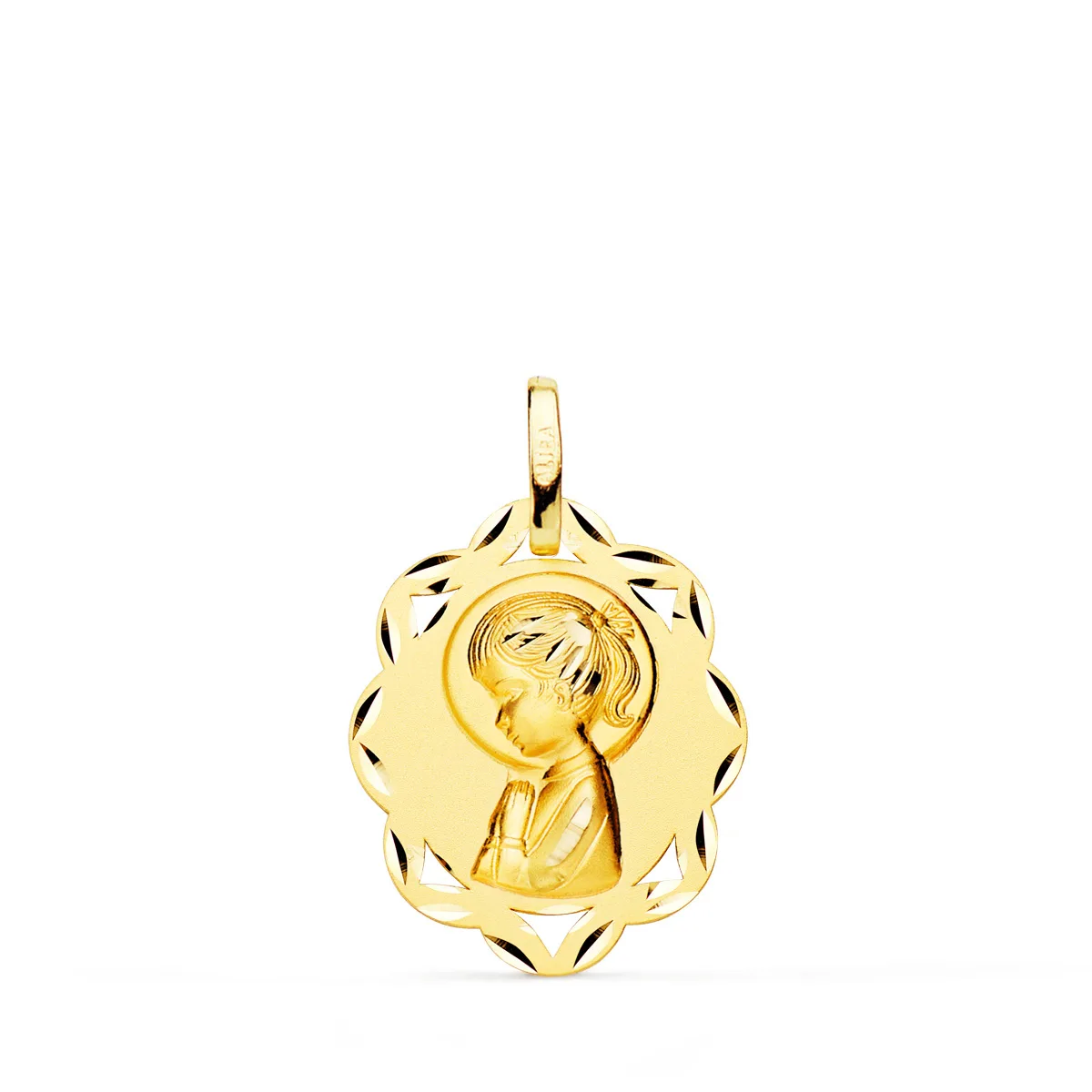 18K MEDALLA ORO AMARILLO HOJAS VIRGEN NIÑA PERFIL MATIZADA Y TALLADA 20X16 MM