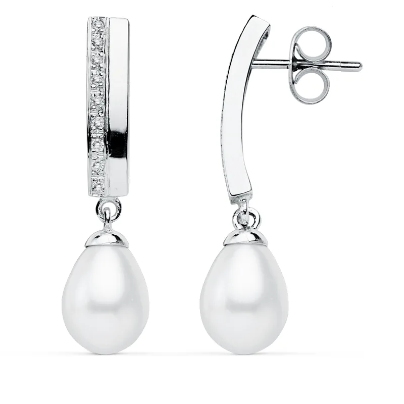 9K PENDIENTES ORO BLANCO PERLA 30X7 MM CIERRE PRESION
