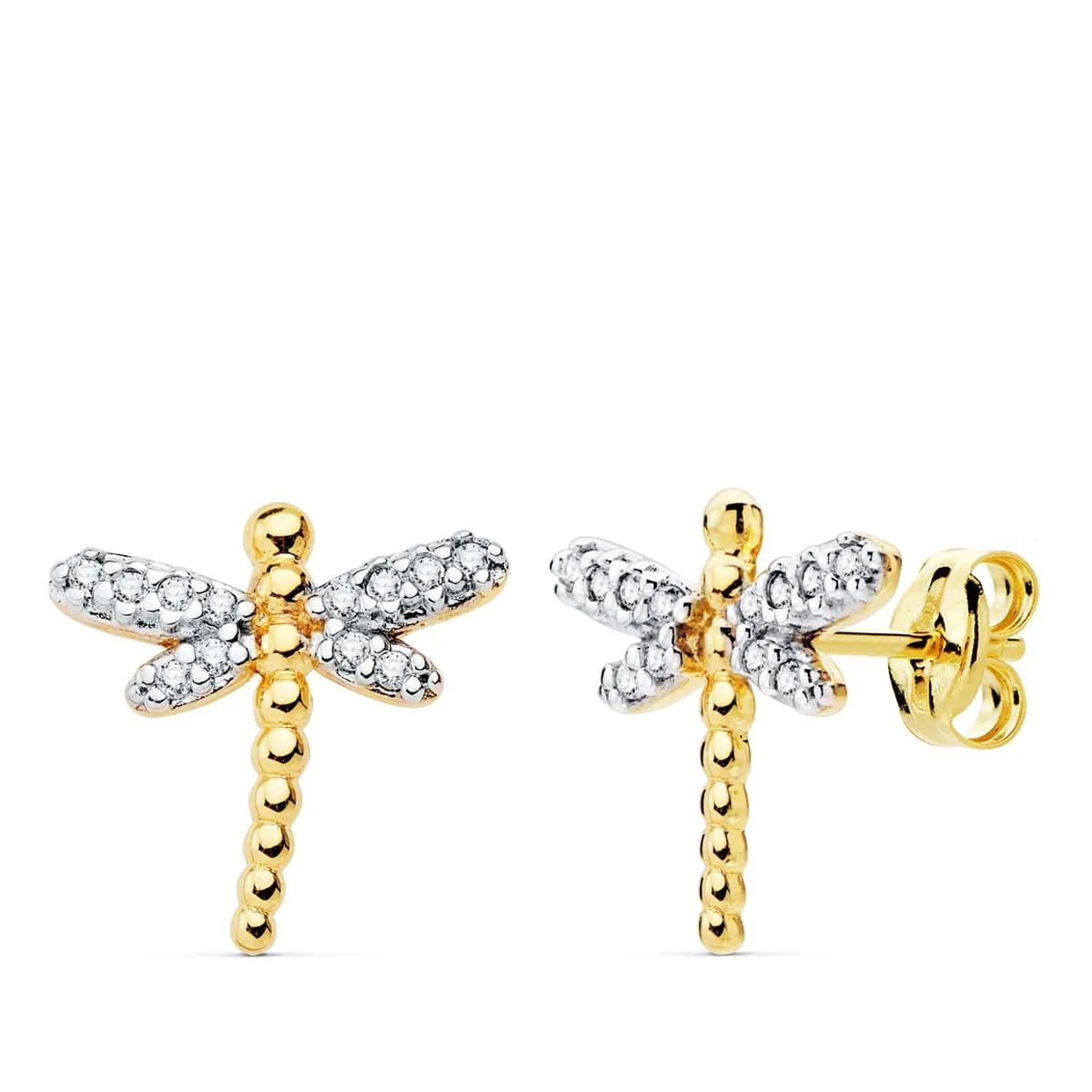 18K PENDIENTES ORO BICOLOR LIBELULA 12X12 MM CIERRE PRESION