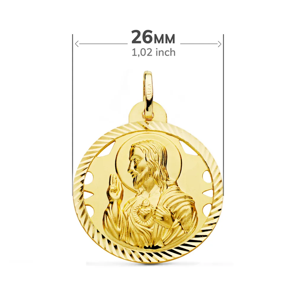 18K ESCAPULARIO ORO AMARILLO HELICE CALADO VIRGEN CARMEN Y CORAZON DE JESUS 26 MM — vista 2