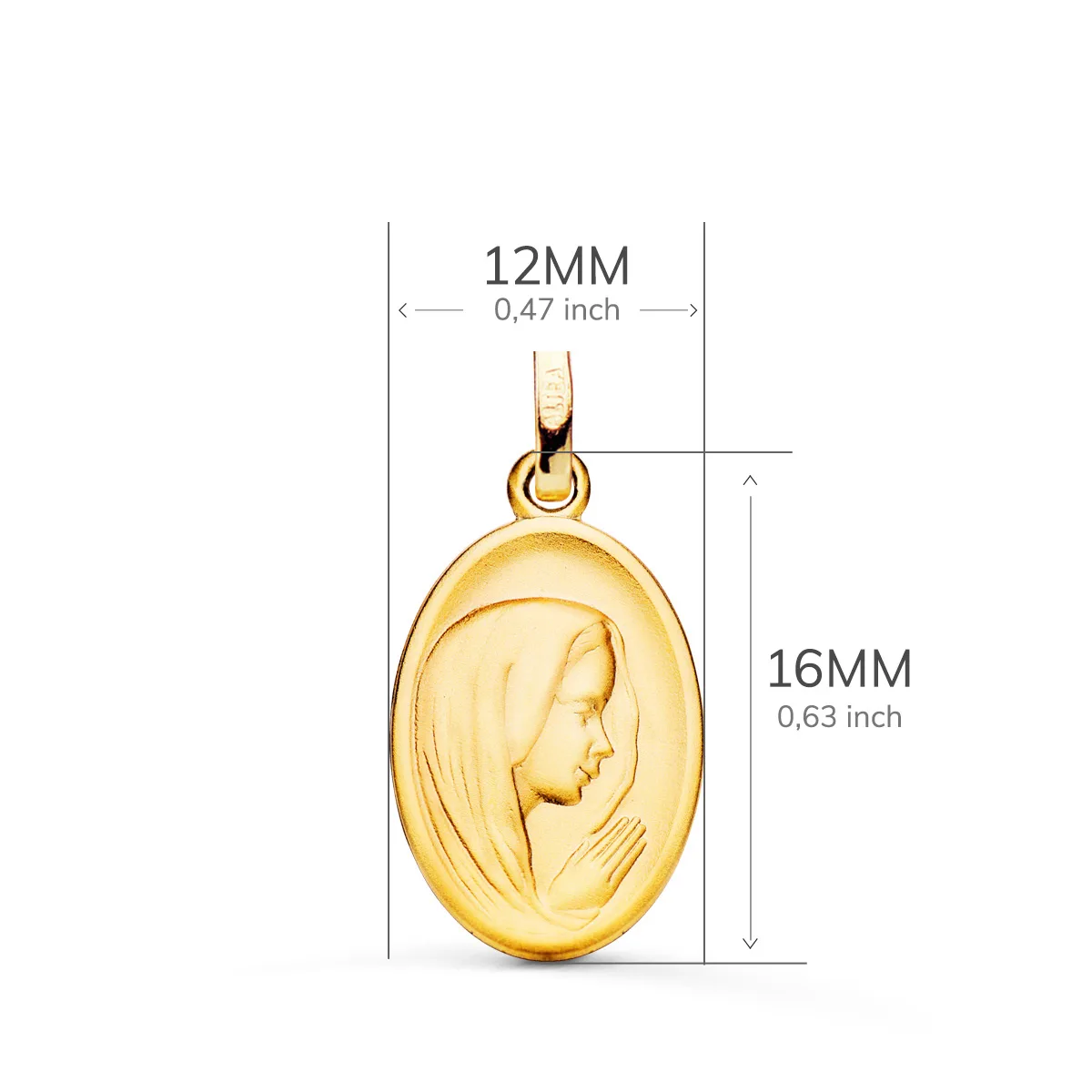18K MEDALLA ORO AMARILLO VIRGEN NIÑA PERFIL MATIZADA Y TALLADA 16X12 MM — vista 2