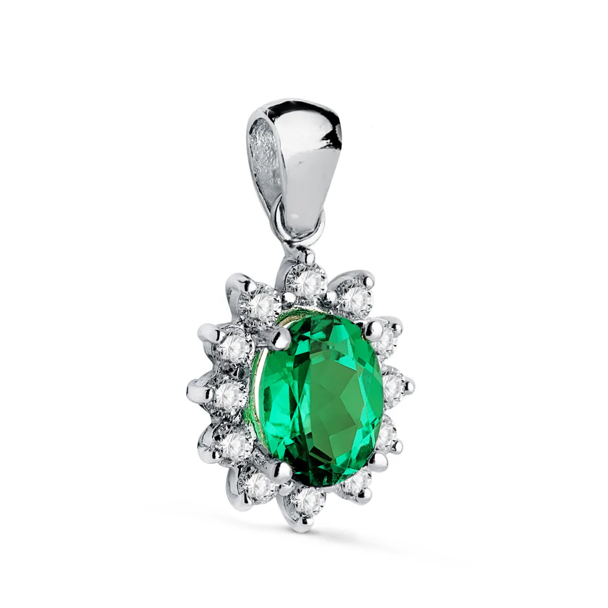 18K COLGANTE ORO BLANCO ESMERALDA RECRIZTALIZADA 8X6 MM 1,10 QT. 14 DIAMANTES LABORATORIO 0,42 QTS VS2-G. 12,5 X 11 MM