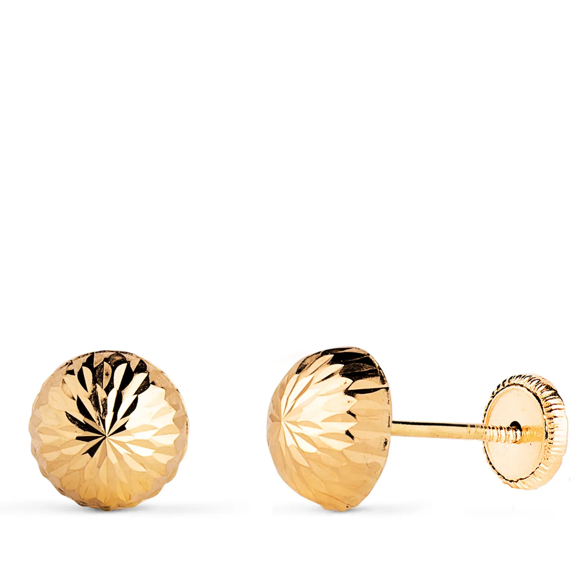 18K PENDIENTES ORO AMARILLO MEDIA BOLA TALLADA HUECA. ANCHO: 7 MM. CIERRE TUERCA