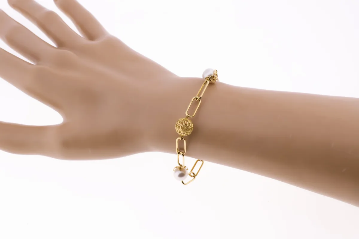 18K PULSERA ORO AMARILLO PERLA Y BOLAS CALADAS ANCHO 9 MM LARGO 19CM — vista 2