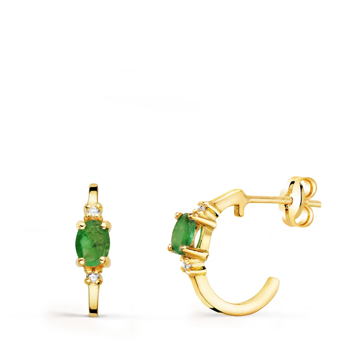 18K PENDIENTES ORO AMARILLO MEDIO ARO LISO CON ESMERALDAS 12X3 MM CIERRE PRESION.