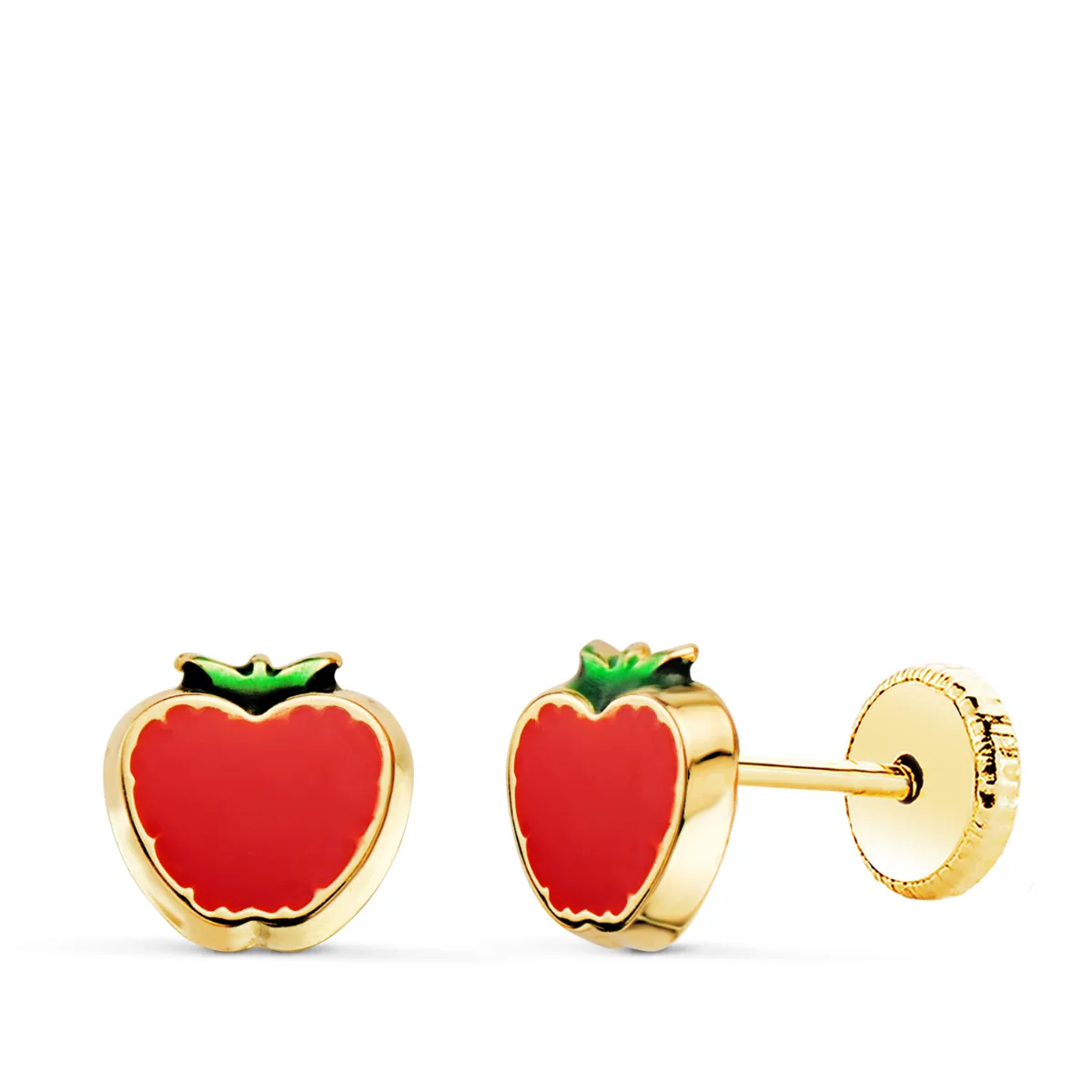 18K PENDIENTES ORO AMARILLO MANZANA ESMALTE  ROJO. 6 X 6 MM. CIERRE TUERCA