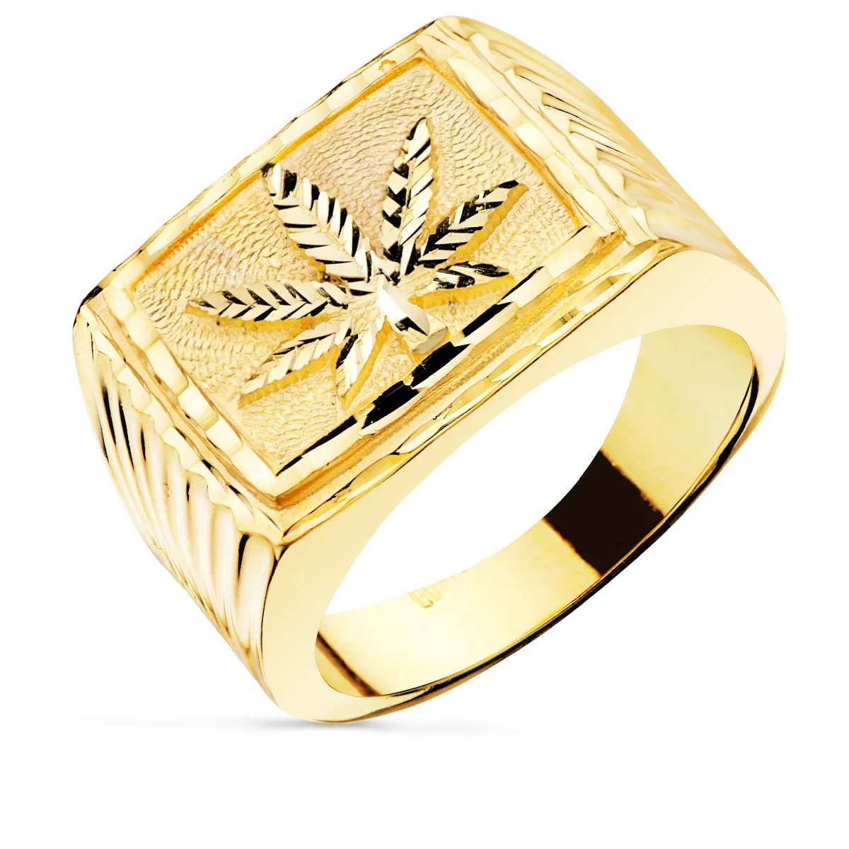 18K SELLO ORO AMARILLO HOJA DE MARIHUANA CABEZA RECTANGULAR 25X17 MM