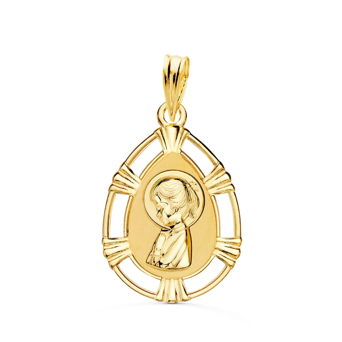 18K MEDALLA ORO AMARILLO VIRGEN NIÑA CERCO CALADO BRILLO FORMA GOTA 23X15 MM