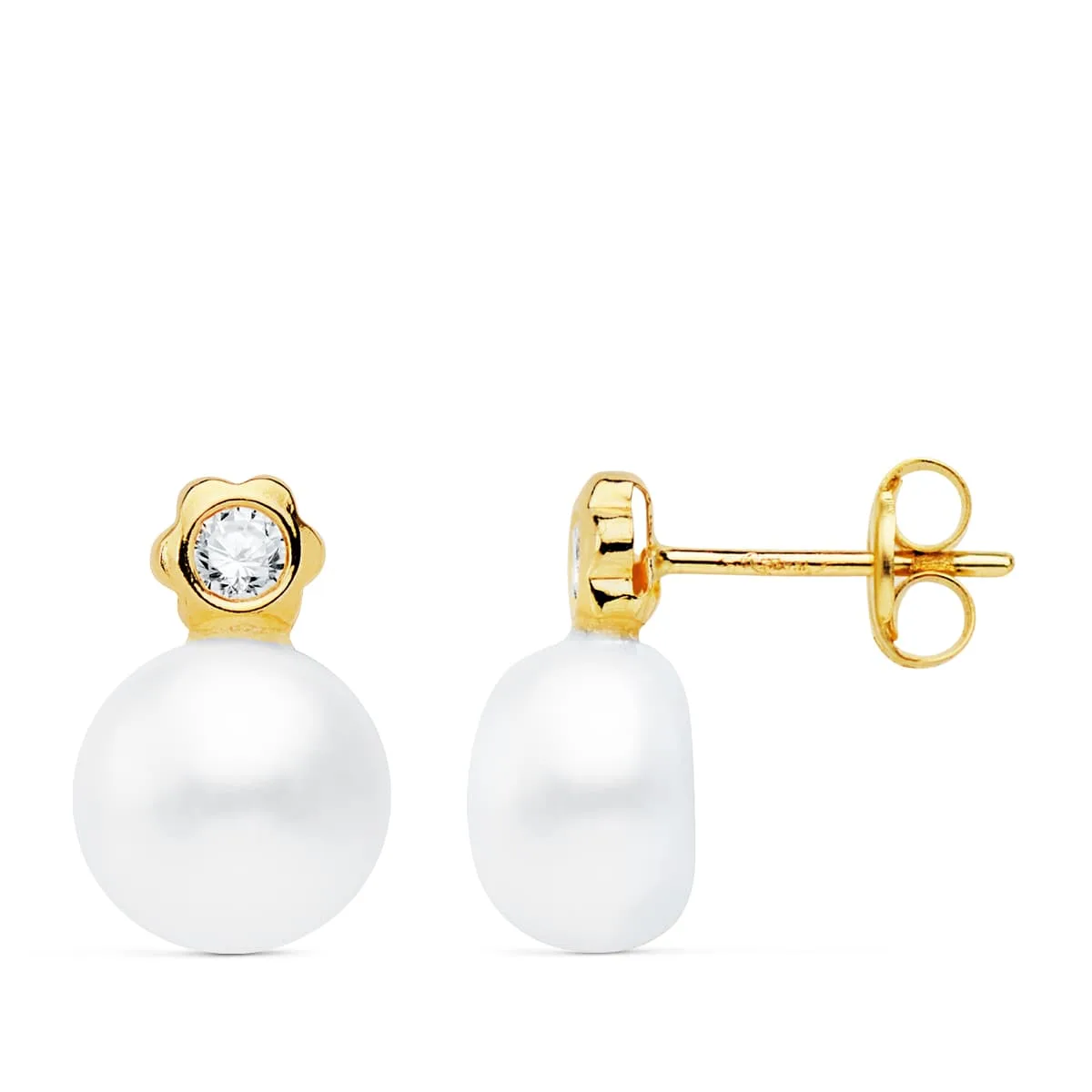18K PENDIENTES ORO AMARILLO PERLA Y FLOR 12X8 MM CIERRE PRESION