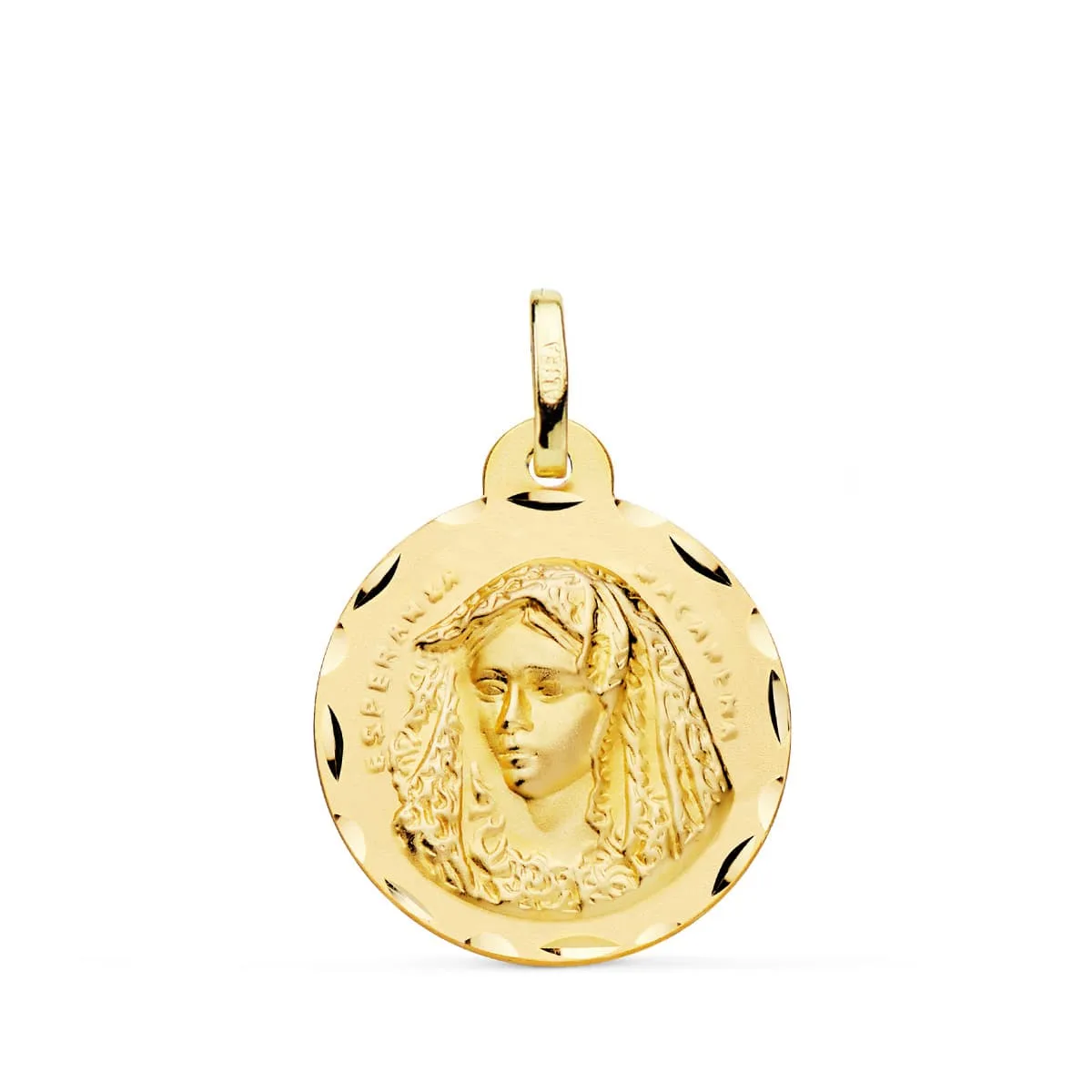 18K MEDALLA ORO AMARILLO VIRGEN MACARENA TALLADA 20 MM