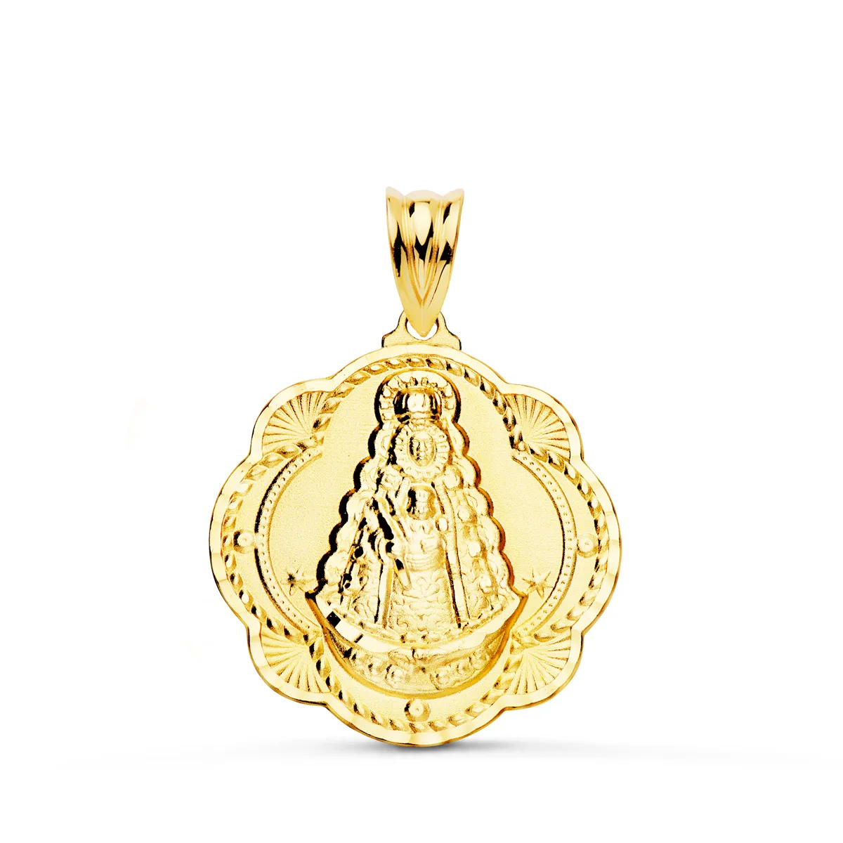 18K MEDALLA ORO AMARILLO VIRGEN DEL ROCIO PANDERETA 25X22 MM
