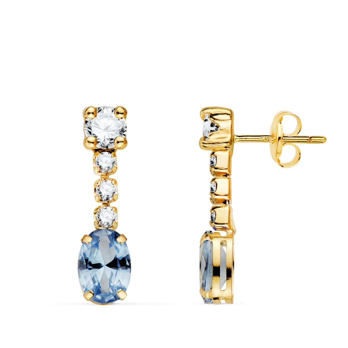 18K PENDIENTES ORO AMARILLO AGUAMARINA EN FORMA OVAL Y CIRCONITAS. 20X5 MM. CIERRE PRESION