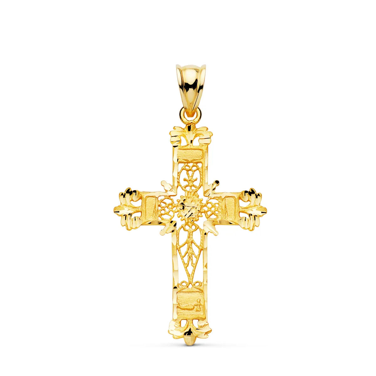 18K CRUZ ORO AMARILLO FILIGRANA BORDES TALLADOS. 37X25 MM