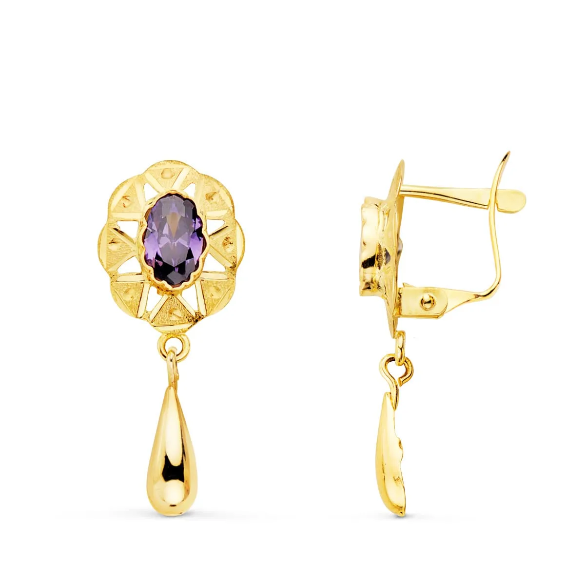 18K PENDIENTES ORO AMARILLO CUBANAS CON AMATISTA 23X9 MM CIERRE CATALAN