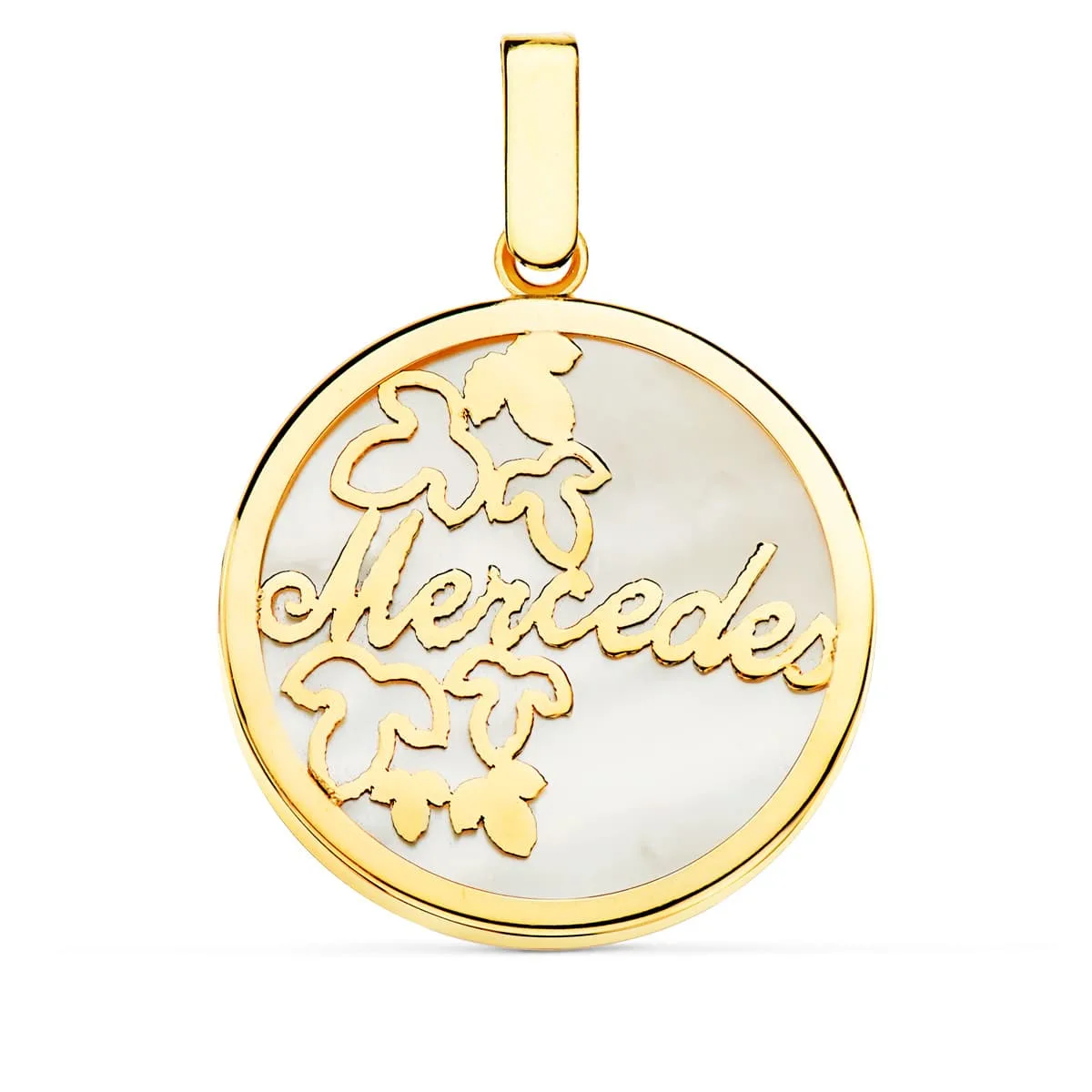 18K COLGANTE ORO AMARILLO CON NACAR PERSONALIZADO FLORES Y NOMBRE. 20 MM
