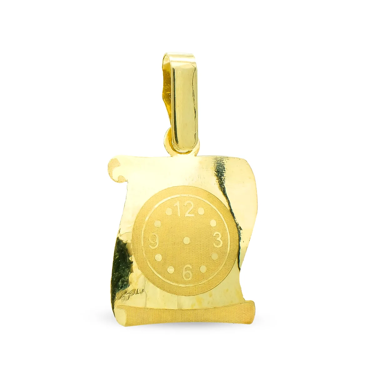9K COLGANTE PERGAMINO ORO AMARILLO RELOJ LASER 16X12 MM