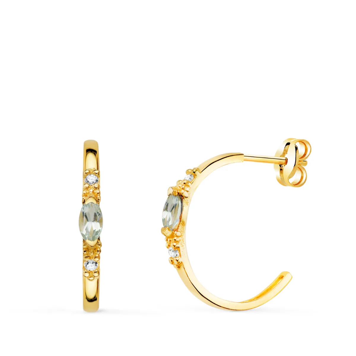18K PENDIENTES ORO AMARILLO MEDIO ARO AGUAMARINA TALLA MARQUISE. 15X2 MM. CIERRE PRESION