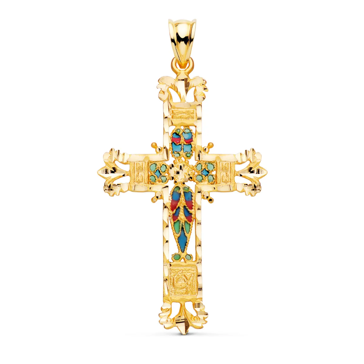 18K CRUZ ORO AMARILLO VIDRIERA CATEDRAL BORDES TALLADOS. 44X28 MM